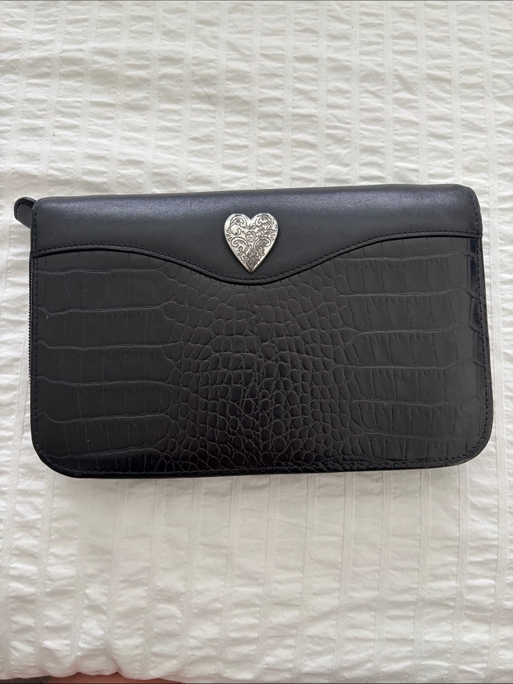 Brighton Black Croc-Embossed Heart Accent Women's Organizer in Black Leather